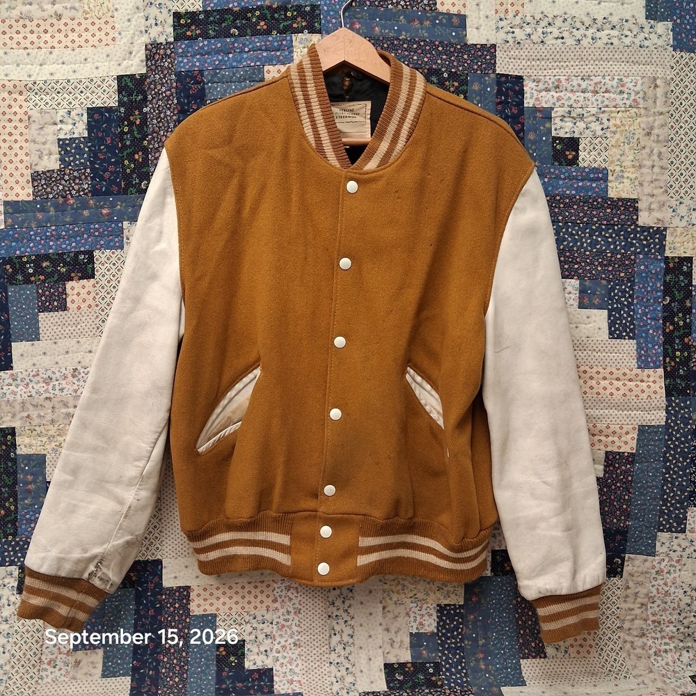 True Vintage Letterman Jacket Mens 42 Large Gold Melton Wool Leather Steerhide